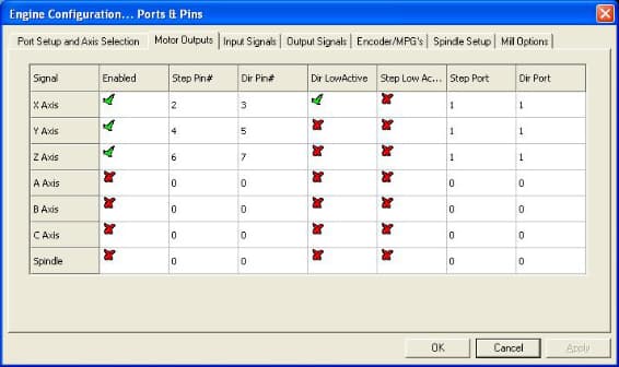 Capture d'écran de la page Ports & Pins du logiciel Mach3