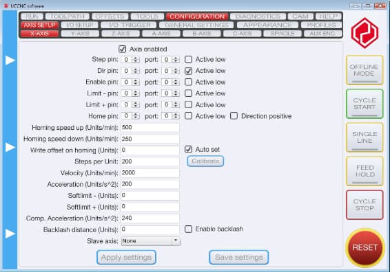 Capture d'écran de la page Axis Setup du logiciel UCCNC